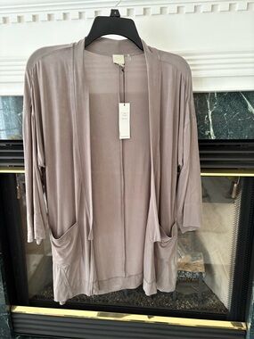 Ecru Light Taupe Open Front Women's Cardigan